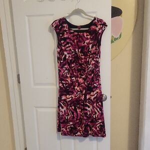 212 Collection Pink and Black Abstract side gather sleeveless Midi Dress SzMed